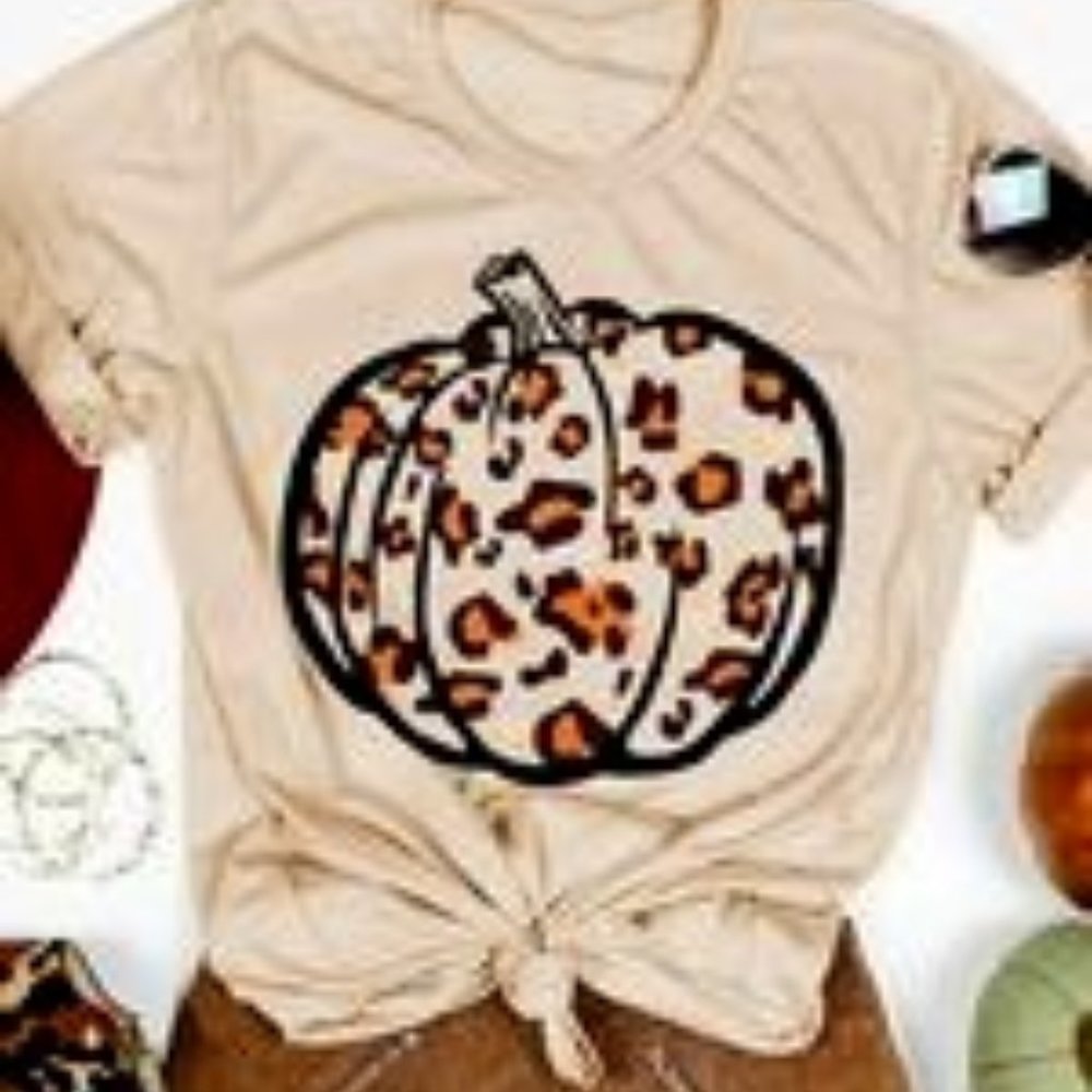 Khaki Pumpkin Leopard Print Short Sleeve Graphic T Shirt